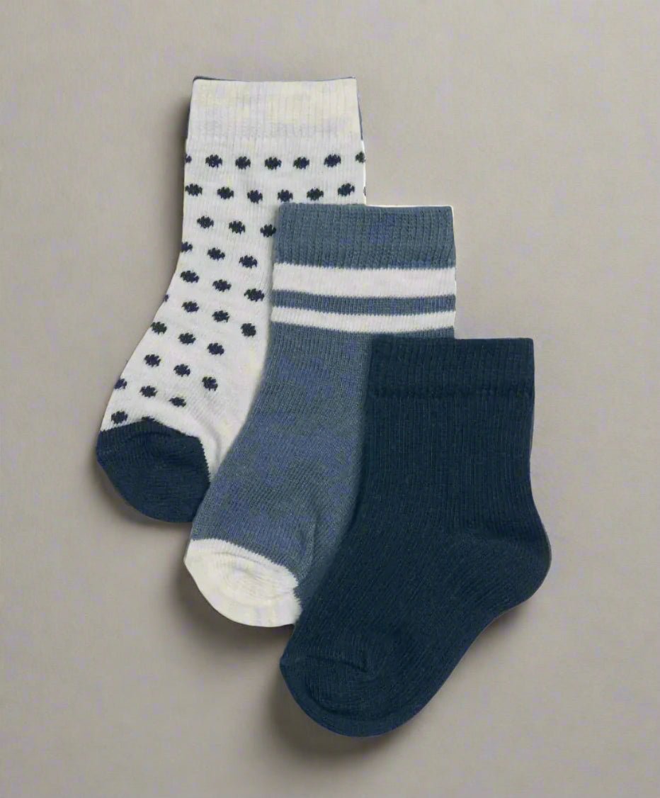 Blue sock pack of 3, including striped, polka-dot, and solid crew socks