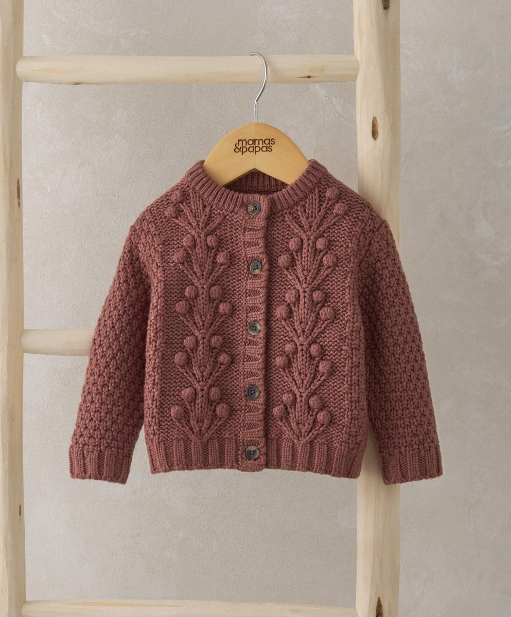 Bobble knit cardigan with button-front, textured bobble pattern, long sleeves, dark mauve