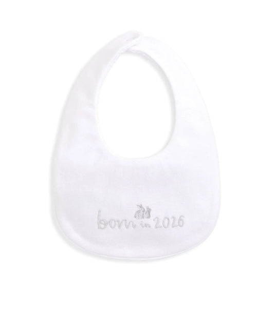 White cotton baby bib with embroidered 'Born in 2026' text