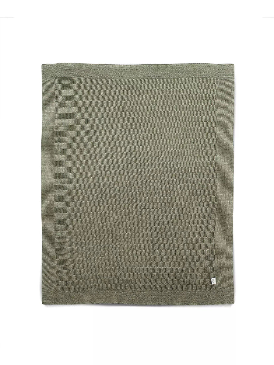Khaki ribbed knitted blanket, square folded with logo tag