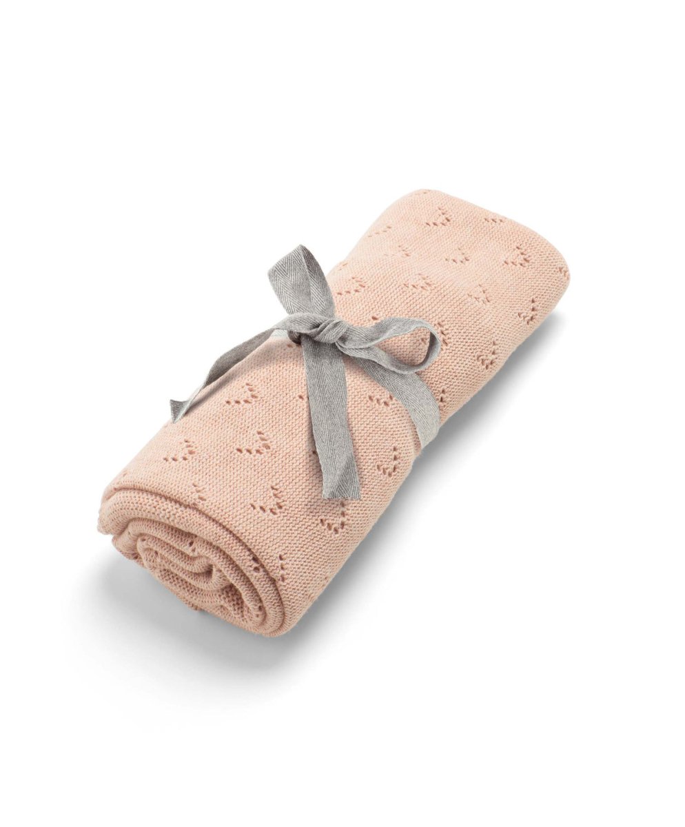 Pink pointelle baby blanket, folded with light gray bow tie