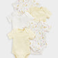 Baby sleepsuit set of 5 with floral-botanical patterns, pale yellow and white, short sleeves