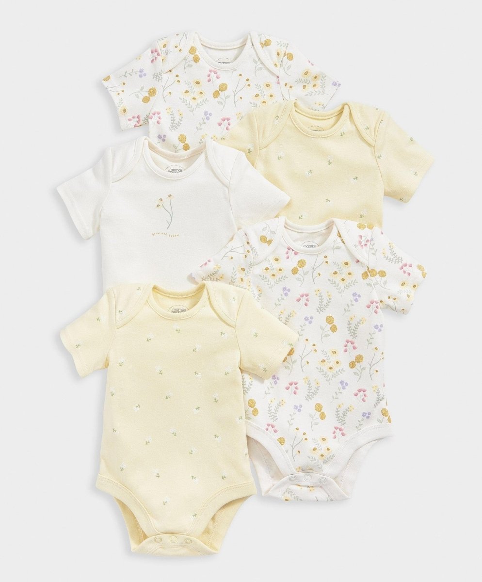 Baby sleepsuit set of 5 with floral-botanical patterns, pale yellow and white, short sleeves