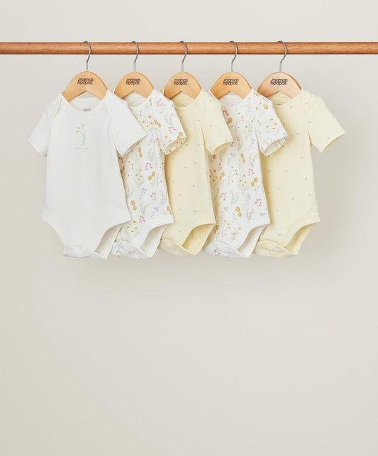 Baby sleepsuit set of 5, pale yellow and white with small botanical prints, short sleeve