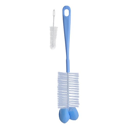 Bottle and nipple cleaning brush, blue handle with white bristles and small nipple scrubber