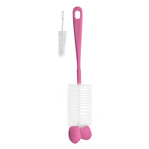 Bottle and nipple cleaning brush, pink handle with white bristles and small nipple scrubber