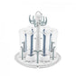 Bottle dryer rack with circular tray, upright stand, and blue bottle holders
