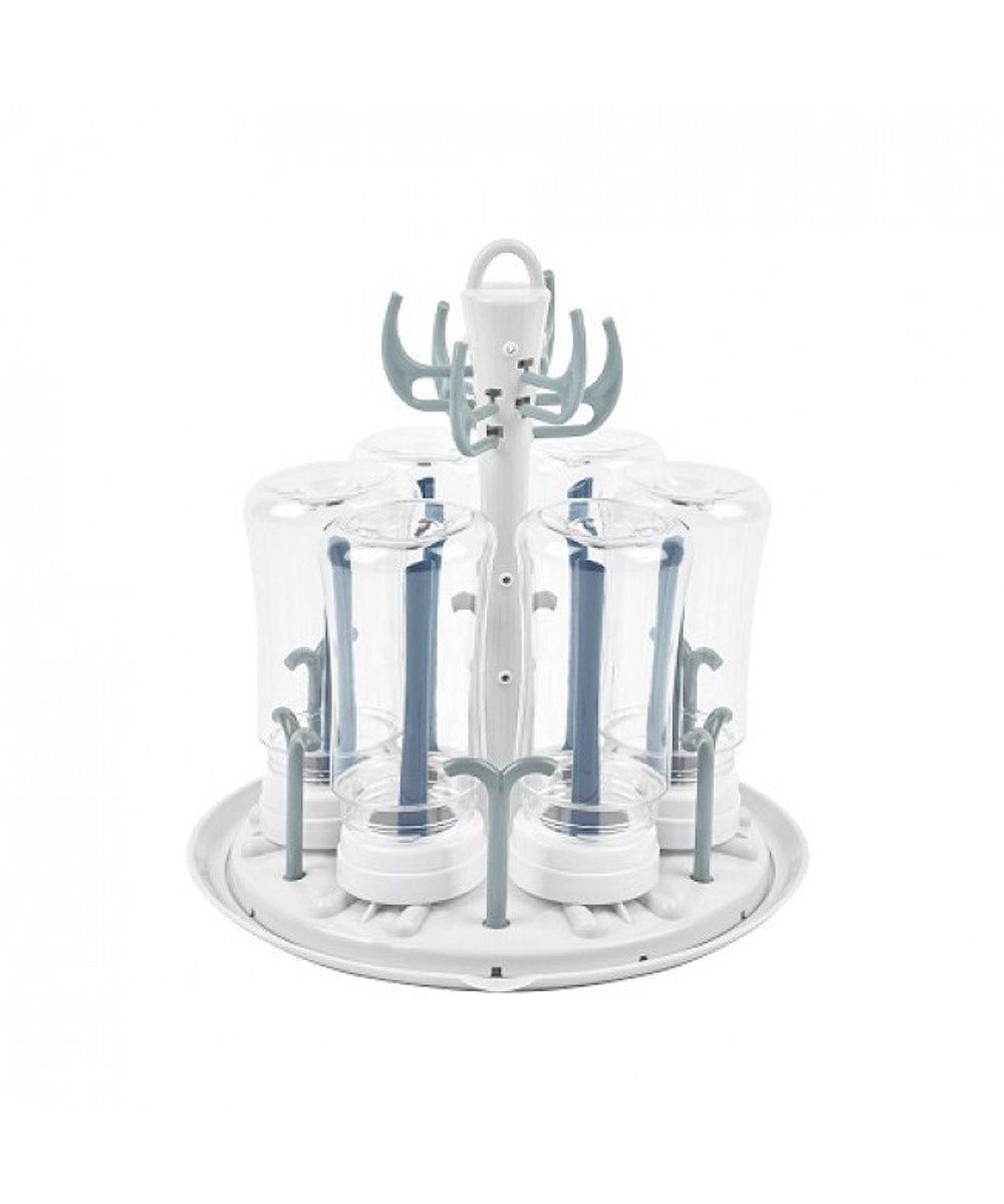 Bottle dryer rack with circular tray, upright stand, and blue bottle holders