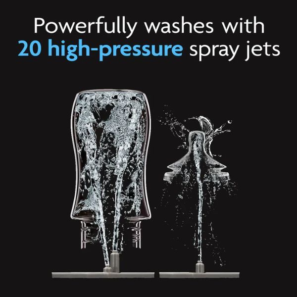 Bottle washer spray jets with bottle nozzles, splashing water