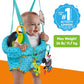 Baby in blue door jumper seat with hanging soft toys and activity rings