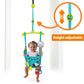 Height-adjustable door jumper for child with dangling ball and animal toys