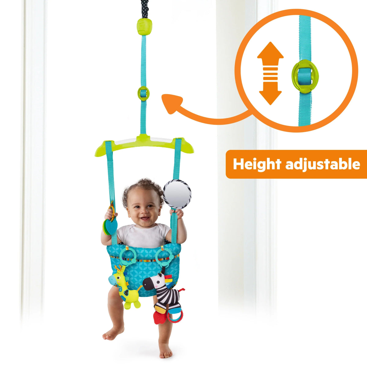 Height-adjustable door jumper for child with dangling ball and animal toys