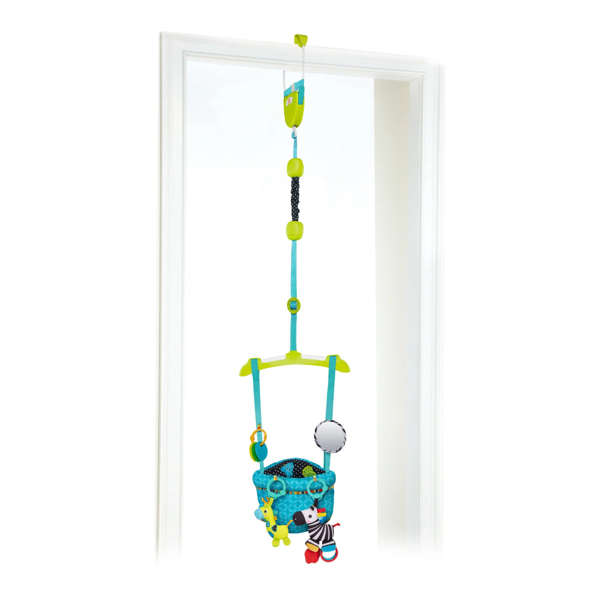 Door jumper harness with dangling animal toys and activity ball