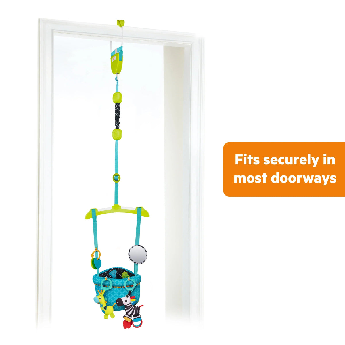 Door jumper with hanging toy bar, striped ball, and small animal charms