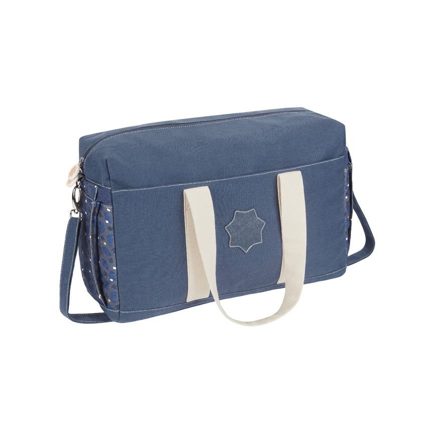 Blue diaper bag with star patch, white stripes, and zippered front pocket