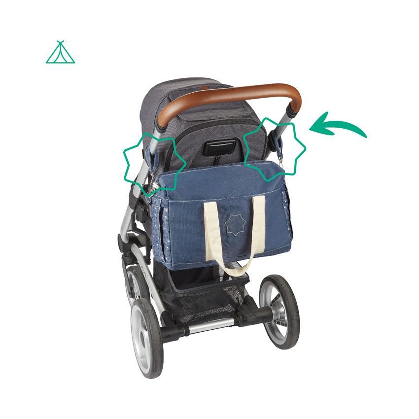Blue diaper bag clipped to stroller with white stripe panels and star logo