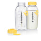 Breast milk bottles, two clear 250ml bottles with yellow lids and one extra cap