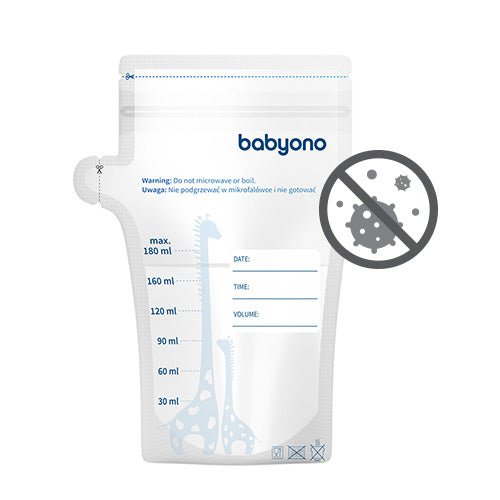Breast milk storage bag with babyono logo, max 180 ml scale, zip closure