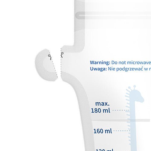 Breast milk storage bag close-up, max 180 ml measurement and baby bottle graphic