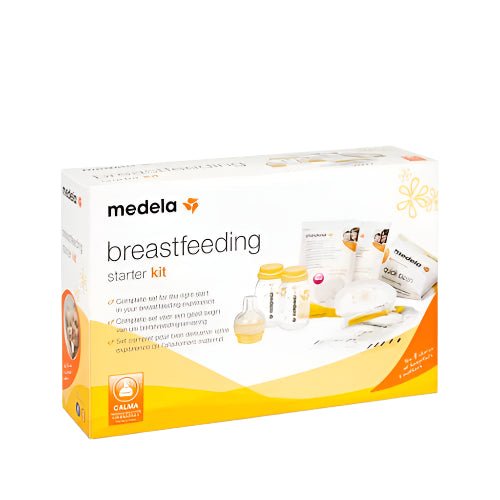 Breastfeeding starter kit box by Medela, featuring bottles and cleaning wipes
