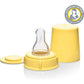 Breastmilk feeding bottle parts: clear nipple, yellow base cap, and yellow lid
