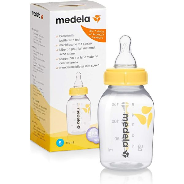 Breastmilk feeding bottle with yellow cap and clear body, 150 ml capacity