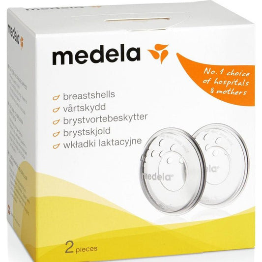 Breast shells set box showing two circular gray inserts with medela branding