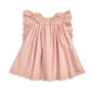 Pink frill dress with embroidered lace yoke and puffed shoulder ruffles