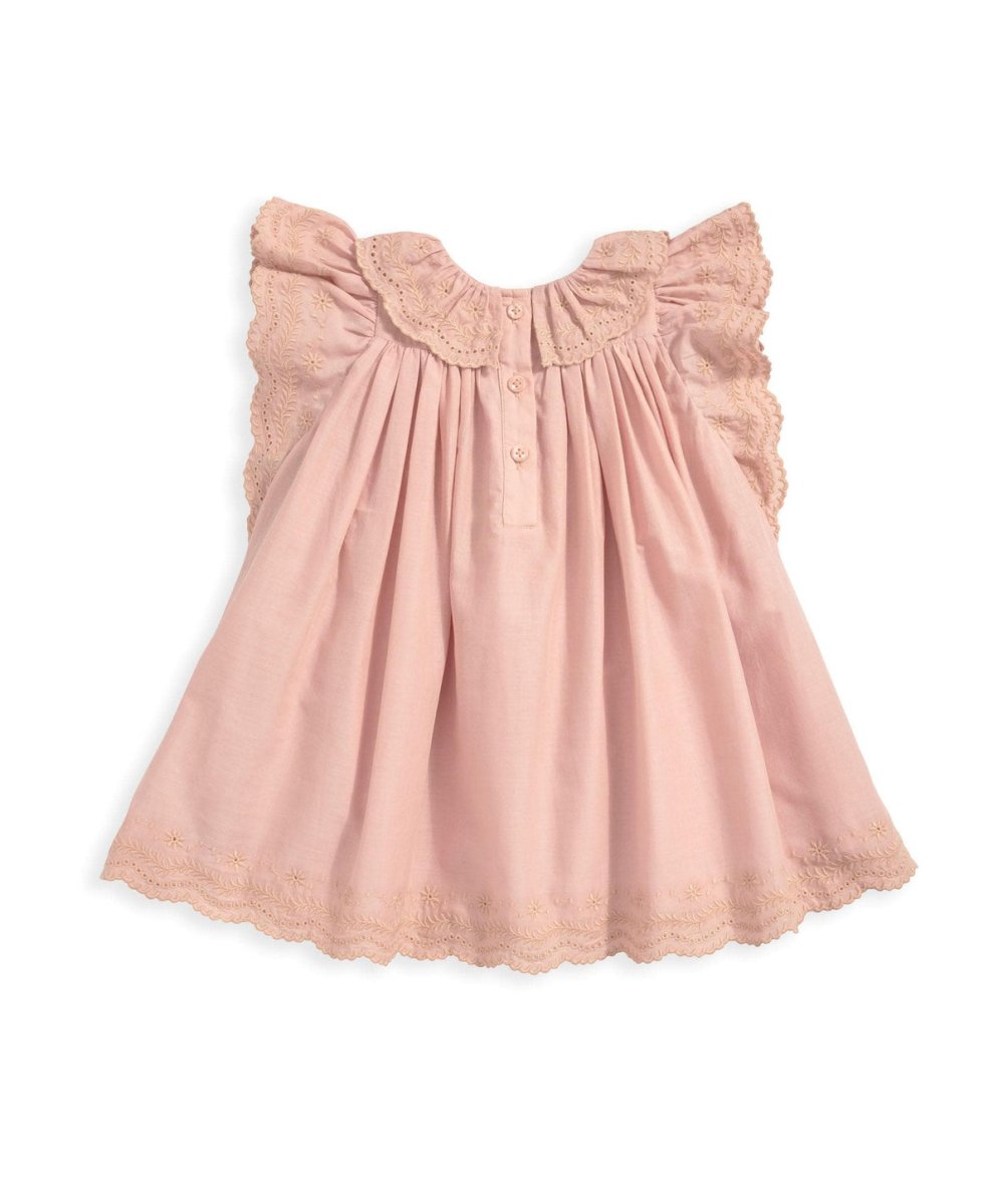 Pink frill dress with embroidered lace yoke and puffed shoulder ruffles