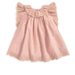 Pink broderie frill dress with round neckline and scalloped lace trim hem