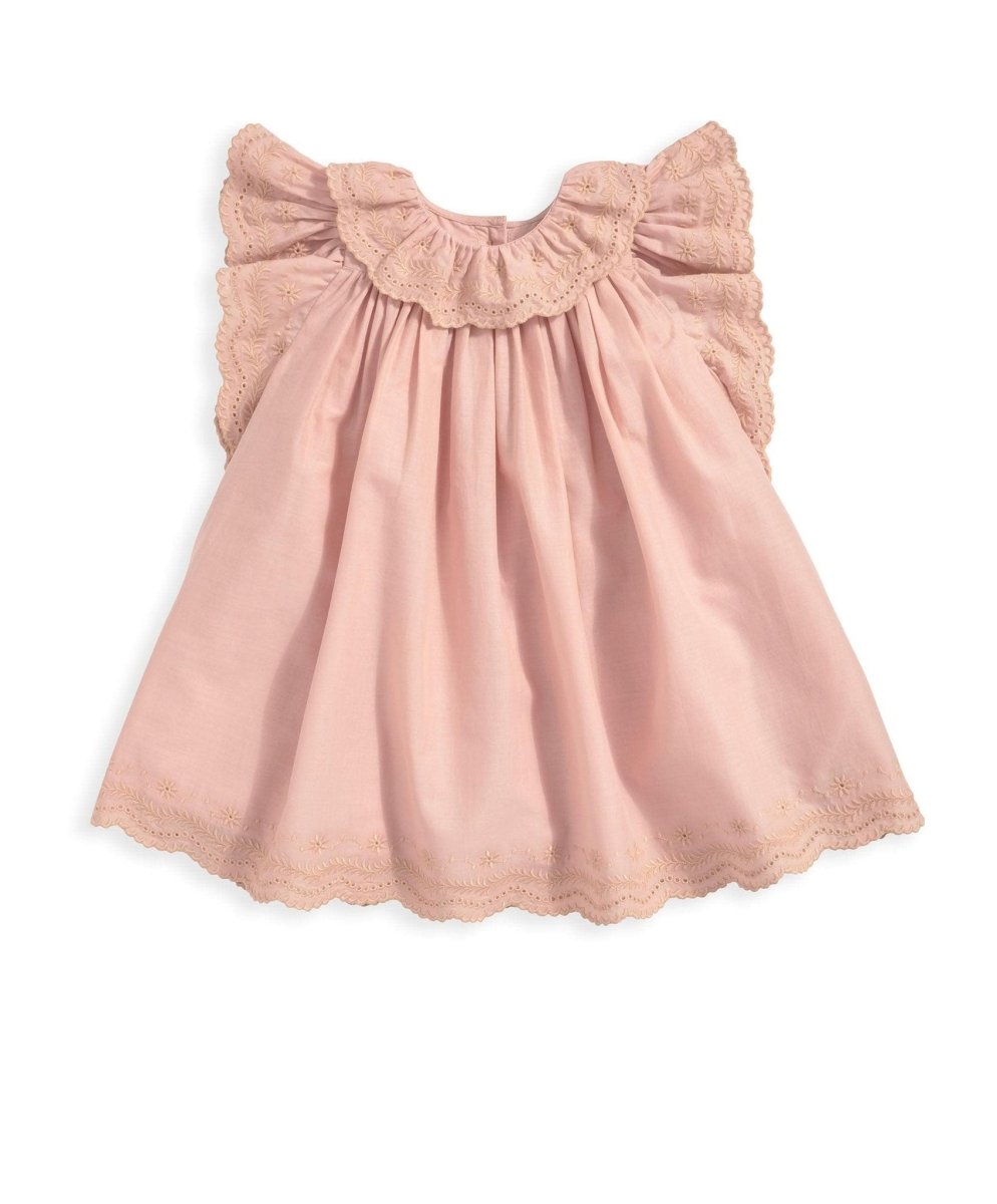 Pink broderie frill dress with round neckline and scalloped lace trim hem