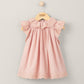 Pink broderie frill dress with gathered ruffle yoke and cap sleeves