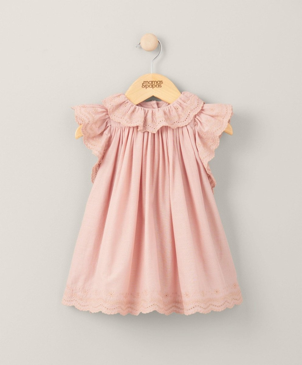 Pink broderie frill dress with gathered ruffle yoke and cap sleeves