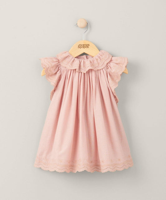 Pink broderie frill dress with gathered ruffle yoke and cap sleeves