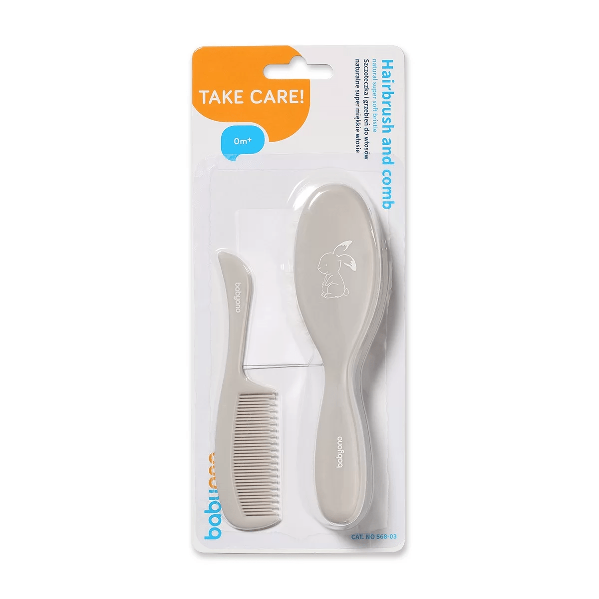 Baby hair brush and comb set in blister packaging, light gray tools