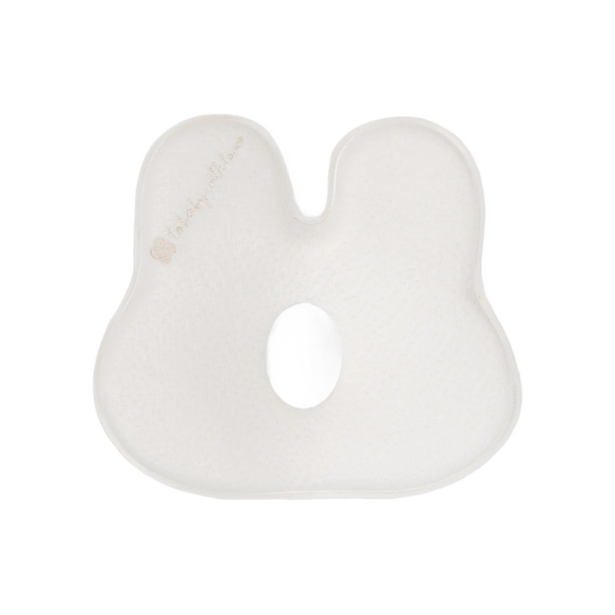White bunny-shaped memory foam ergonomic pillow with soft knit cover and paw-print logo