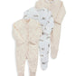 Set of three footed baby sleepsuits with all-over bunny print in white and light pink
