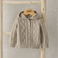 Oatmeal cable knit cardigan with hood, button front and textured diamond pattern