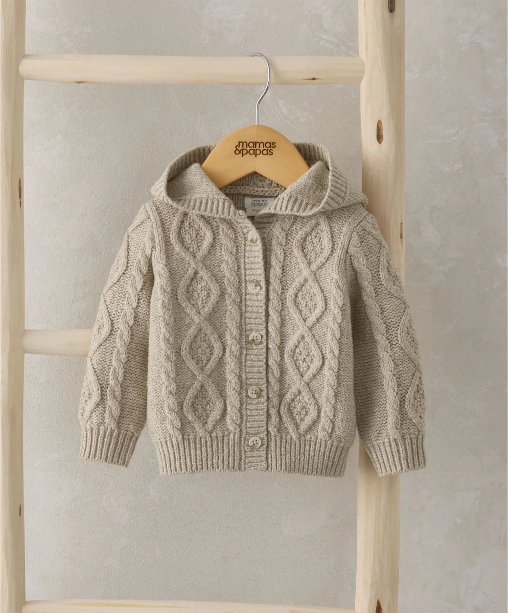 Oatmeal cable knit cardigan with hood, button front and textured diamond pattern