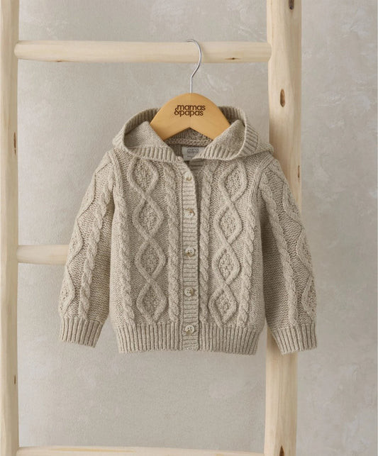 Oatmeal cable knit cardigan with hood, button front and textured diamond pattern