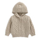Light beige cable knit cardigan with hood, button-front and ribbed cuffs