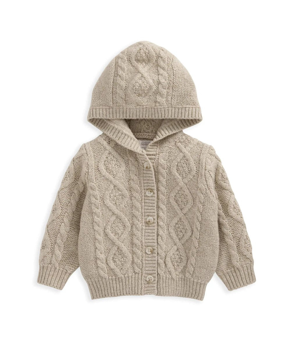 Light beige cable knit cardigan with hood, button-front and ribbed cuffs