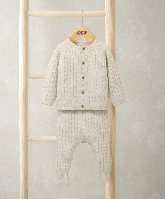 Cable knit top and bottoms set in cream, button-front cardigan with matching knit pants