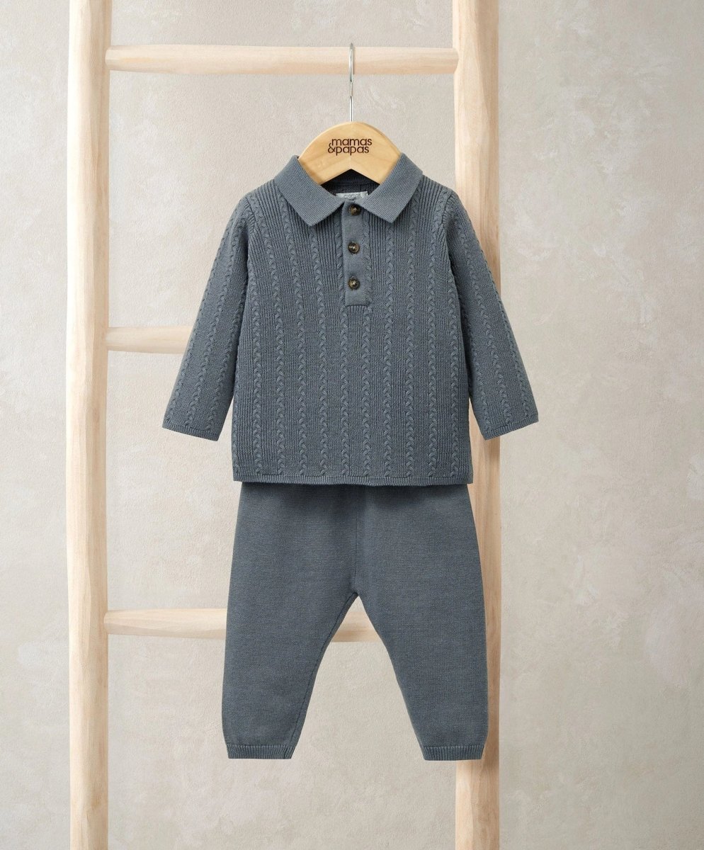 Cable knit top and matching trousers set, dark blue, collared button placket and cuffs