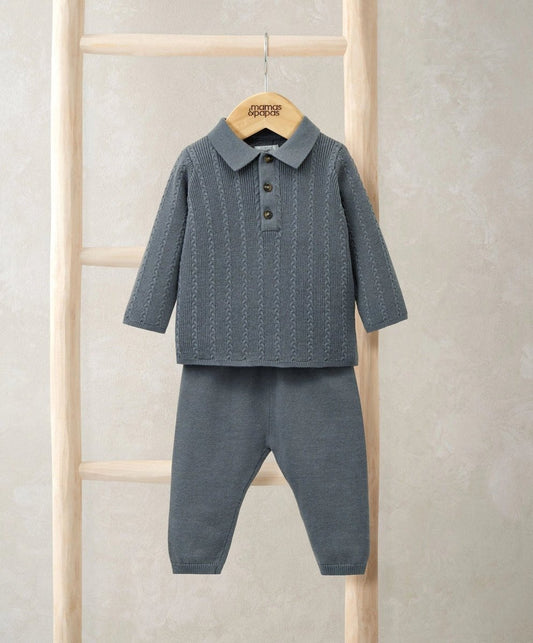 Cable knit top and matching trousers set, dark blue, collared button placket and cuffs