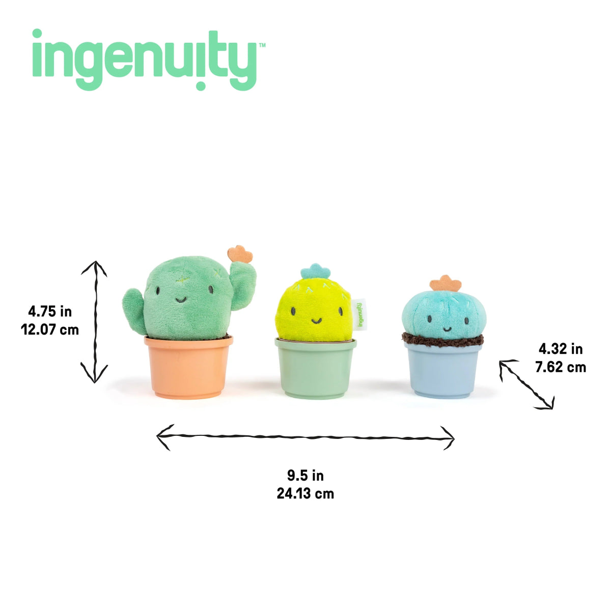 Ingenuity plush nesting rattle set sizing diagram with 4.75 in and 9.5 in