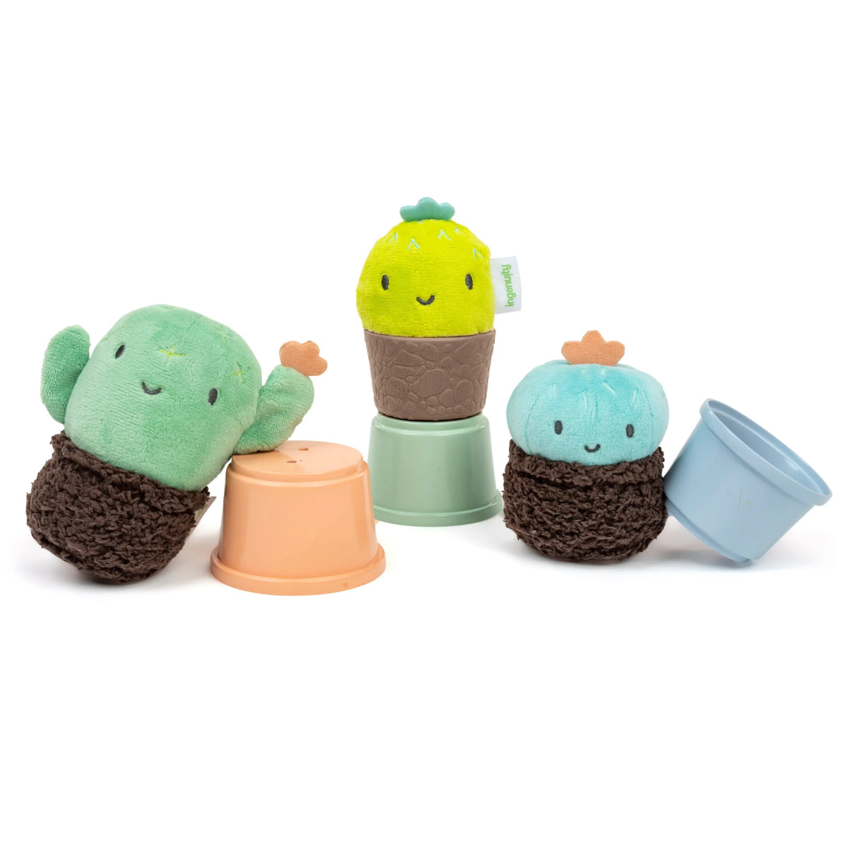 Plush nesting rattle set with cactus characters in mint, yellow, and blue cups