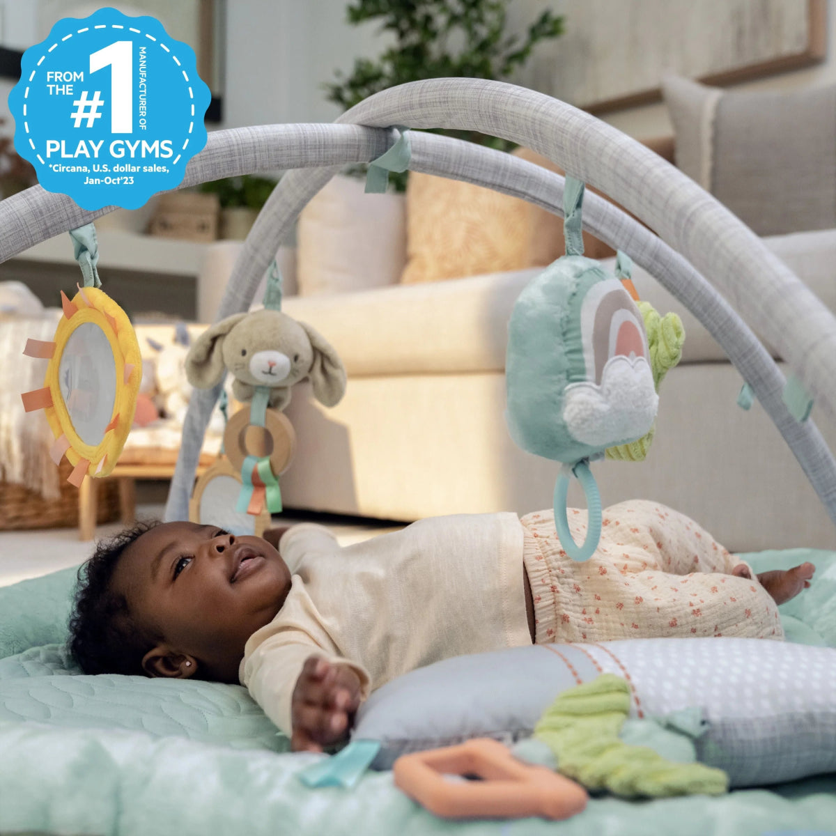 Plush baby activity gym with arched frame and hanging ring and plush toy