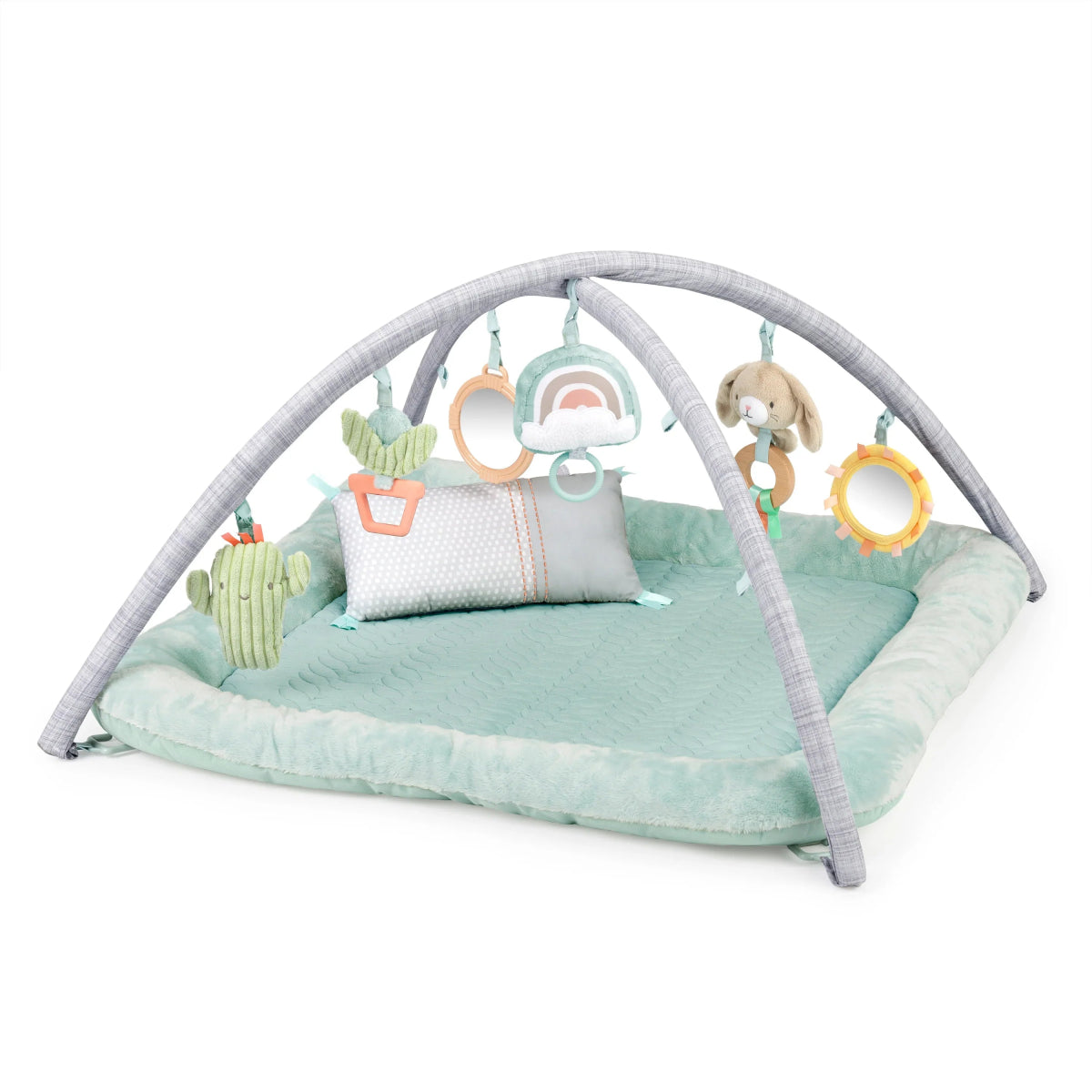 Plush baby activity gym with arched play frame, hanging toys, and padded mat