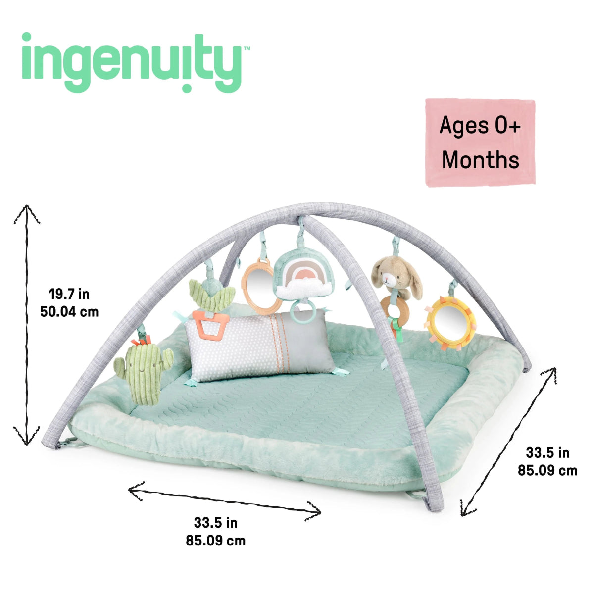 Plush baby activity gym with arched frame, padded mat, and hanging activity toys